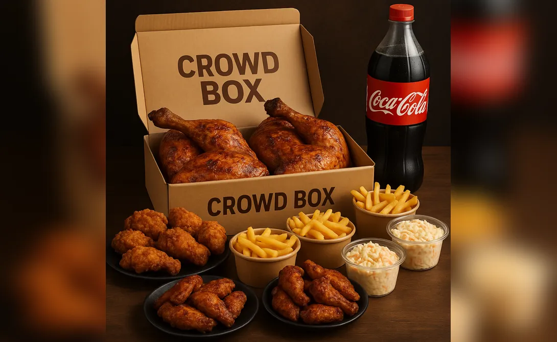 Crowd Box with Peri Peri chicken, fried chicken, wings, fries, coleslaw, and drink