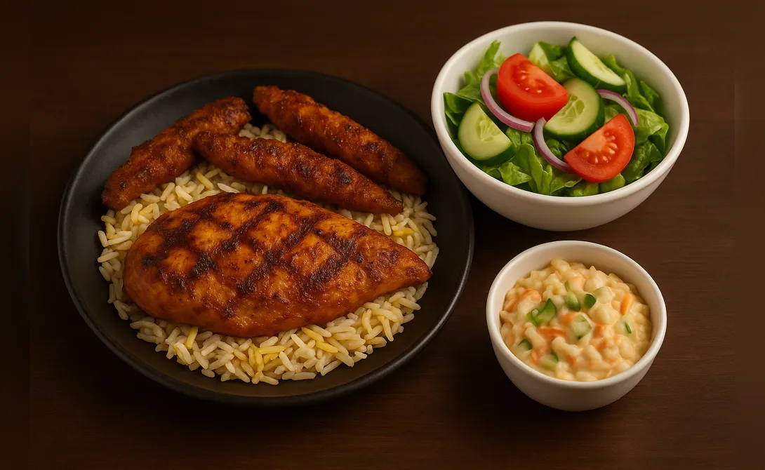 Gym Box with Peri Peri chicken fillets, chicken strips, rice, and salad