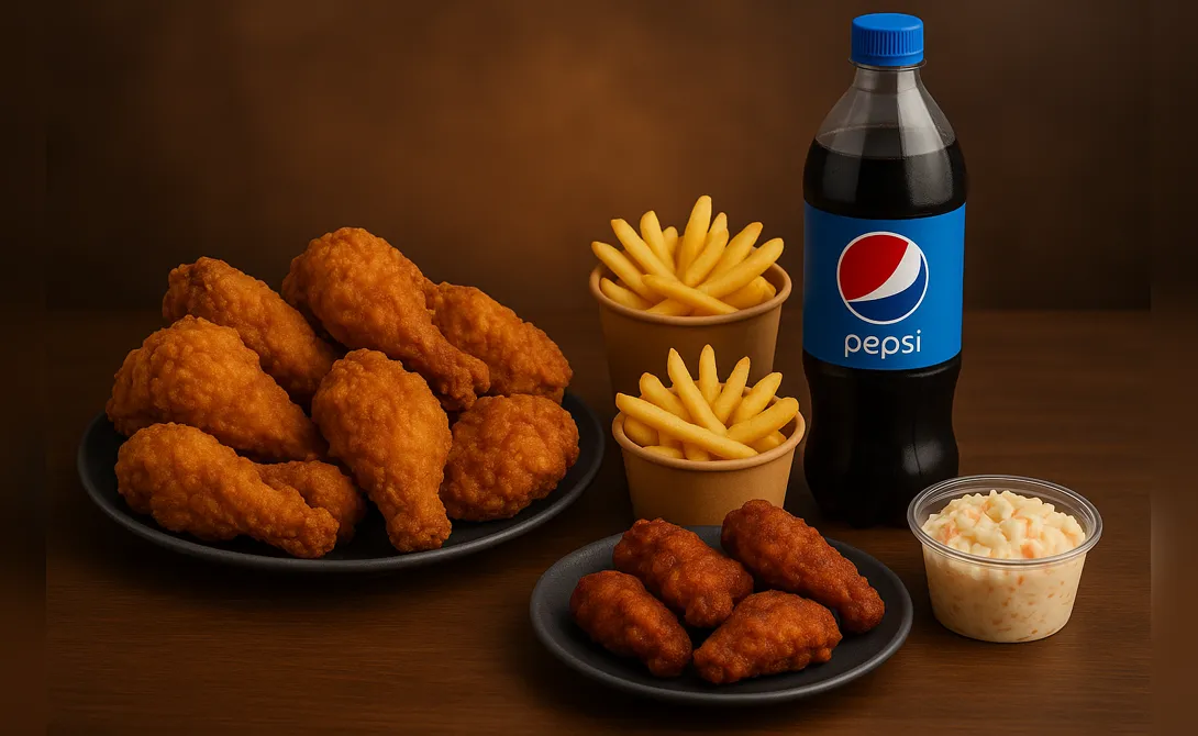 Mega Boneless Box with mini fillets, peri peri strips, fries, coleslaw, and Pepsi